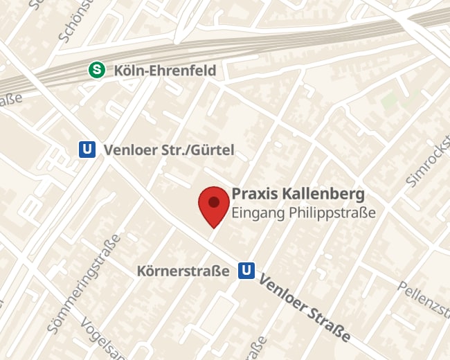 Lageplan: Praxis Kallenberg, Venloer Stra&szlig;e 308a, 50823 K&ouml;ln-Ehrenfeld, Eingang Philippstra&szlig;e; Haltestellen S-Bahnhof K&ouml;ln-Ehrenfeld, Venloer Str./G&uuml;rtel und K&ouml;rnerstra&szlig;e. Link &ouml;ffnet Google Maps.